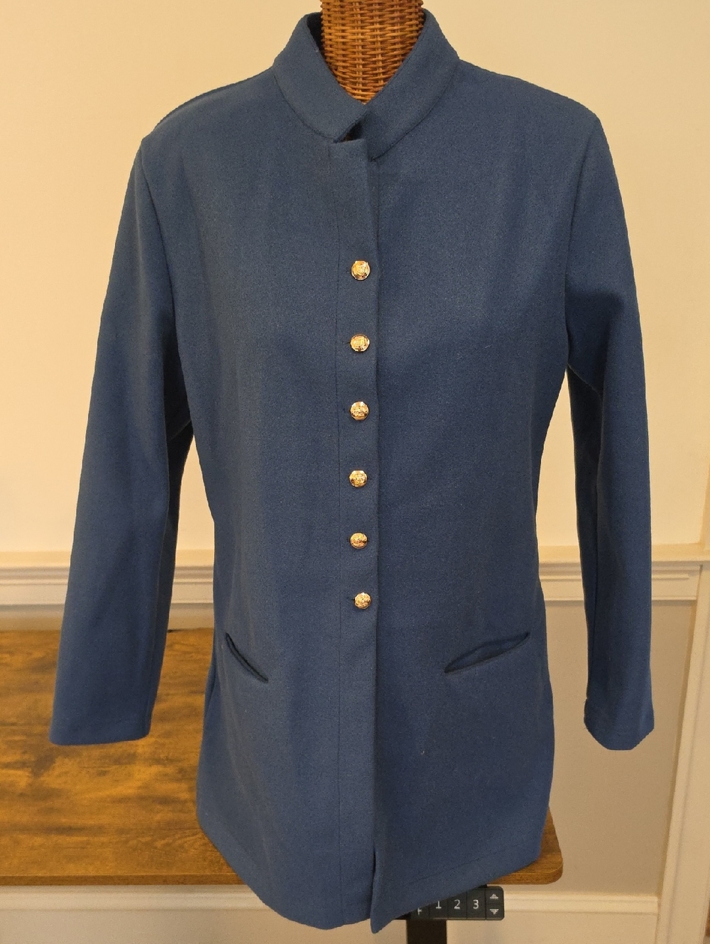 NWT Women's Blue Stand Collar Pea Coat with Gold Buttons